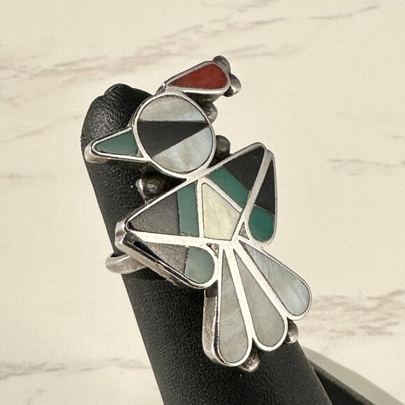 Early Vintage Zuni Native American Bird Ring Inlaid Gemstones Size 5 - Picture 12 of 13